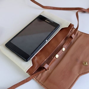 Vintage clutch Small Shoulder strap purse White leatherette Brown trim Neck strap handbag for women image 10