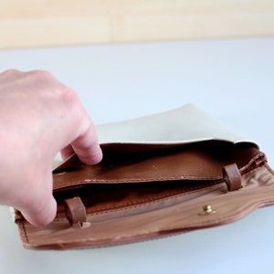 Vintage clutch Small Shoulder strap purse White leatherette Brown trim Neck strap handbag for women image 3