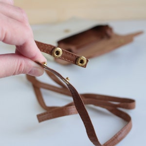 Vintage clutch Small Shoulder strap purse White leatherette Brown trim Neck strap handbag for women image 7