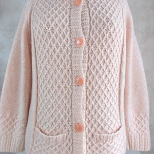 Hand knitting sweater Vintage handmade cardigan Women knit fashion Winter outfit White wool clothing Size 42 44 EU image 2