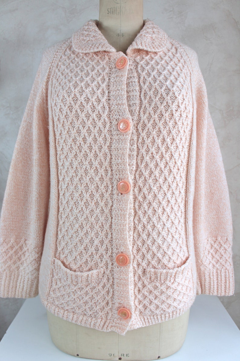 Hand knitting sweater Vintage handmade cardigan Women knit fashion Winter outfit White wool clothing Size 42 44 EU image 2