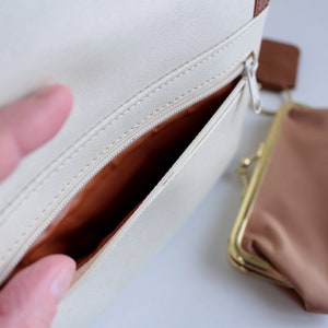Vintage clutch Small Shoulder strap purse White leatherette Brown trim Neck strap handbag for women image 5