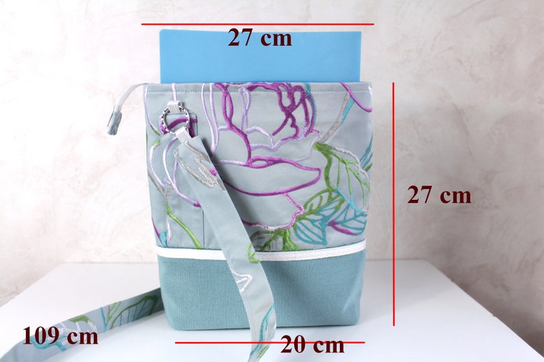 Shoulder strap bag Embroidered flowers bag women One of a kind Blue gray cloth handbag OOAK floral fabric bag image 10