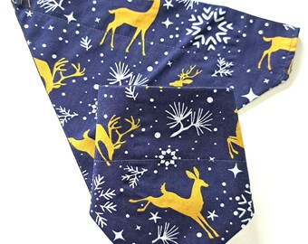 Christmas Dog Bandana, Gold Deer on Navy, Slip Over Collar, Handmade