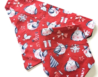 Christmas Robin Dog Bandana, Handmade Cotton Slip-On Collar