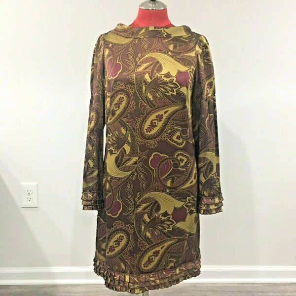 Designer Oleg Cassini pure silk sheath dress, Vintage 1980's Couture look cocktail dress, Elegant golden paisley stand collar & ruffles