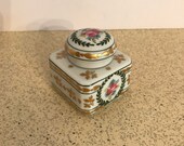 Vintage French porcelain inkwell, Hand painted Limoges base and lid, White with pink roses and gold embellishments