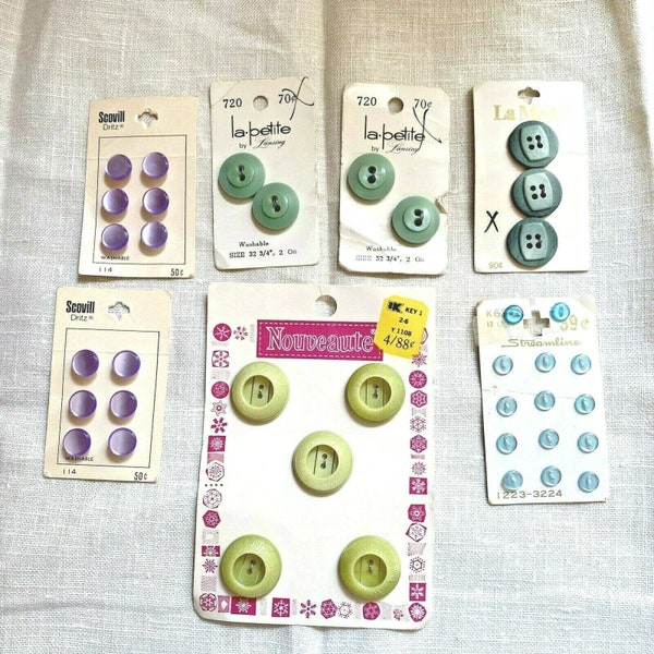 Vintage lot NOS buttons, 7 cards of retro new unused colorful variety buttons, Blue green purple colorful buttons craft lot