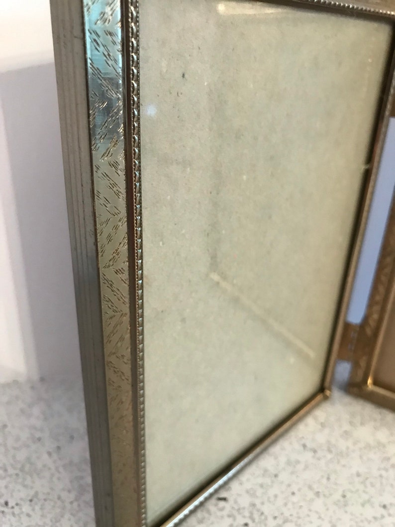 Mid Century Home ON SALE TODAY Vintage Gold Metal Standing Frame Hinged Book Style Textured Embossed Finish Double Picture Photo Holder