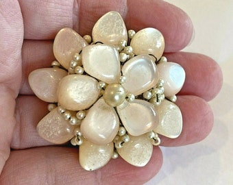 Mid century beaded brooch retro creamy stacked Lucite & faux pearl beads pin