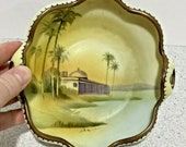 Vintage Nippon porcelain bowl, Handpainted desert oasis landscape scene, Nippon green mark, Bowl with ruffled edge moriage