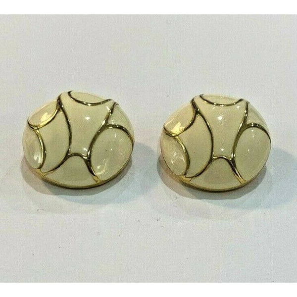 1980's clip on earrings, retro gold tone & cream enamel rounds, vintage mod button style career jewelry, gift for woman