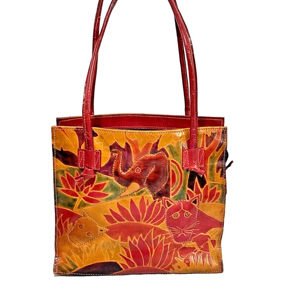 Vintage Hand Painted & Tooled Leather Purse, Y2K Two Handle Small 
