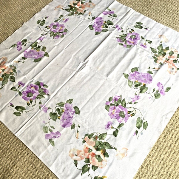 Vintage Mid Century Cotton Tablecloth, Printed Cotton Table Cover, Cottage Chic Floral Morning Glories Flowers Border in Peach & Purple