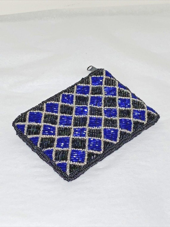 Beaded coin purse brilliant royal blue & black be… - image 1