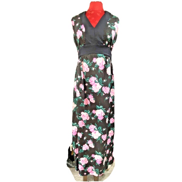 Vintage 1970's style mod maxi dress by Avalon Classics, Unique dress tagged size 12, Long sleeveless dress in navy blue & pink floral