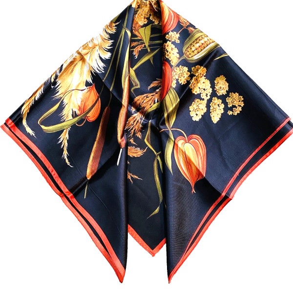 Vintage Silky Satin Scarf 26” Square Black & Autumn Colors Orange Gold 70's Chic