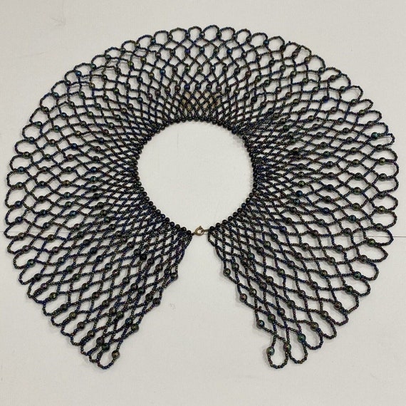 Vintage Beaded Crochet Collar, Goth Steampunk Dar… - image 1