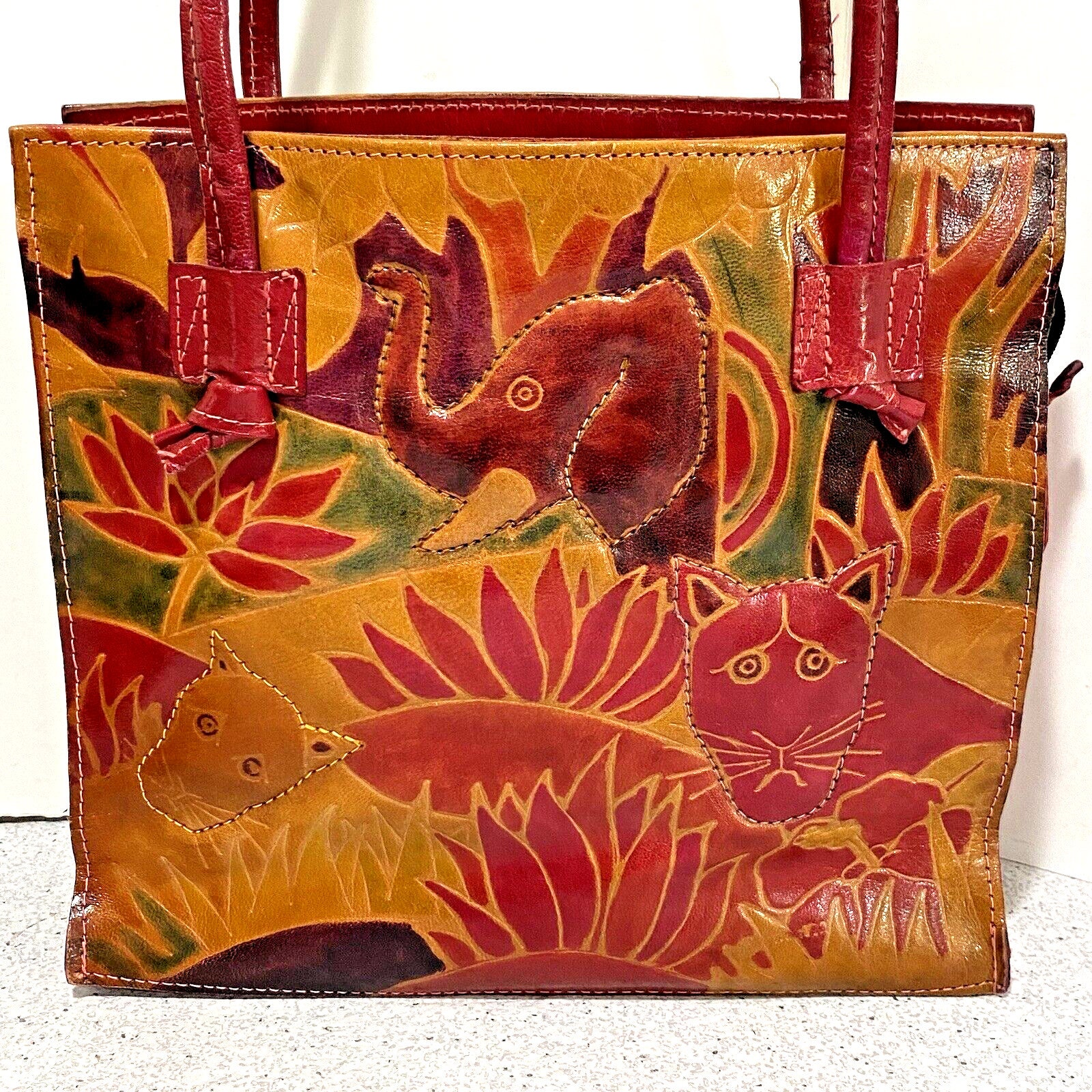 Vintage Hand Painted & Tooled Leather Purse, Y2K Two Handle Small 
