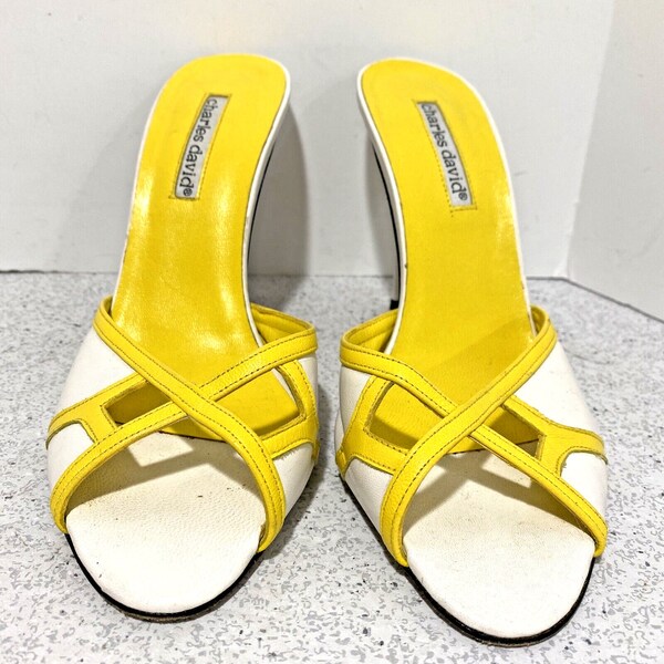 Charles David Y2K high heel shoes, Dressy strappy white and yellow leather slides, Shoes for spring or summer events, US ladies size 9.5B