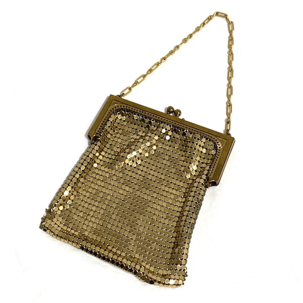 Vintage goldtone metal mesh purse, Art Deco era top handle bag, Chain Maile evening bag with kiss clasp, Flapper style collectible handbag
