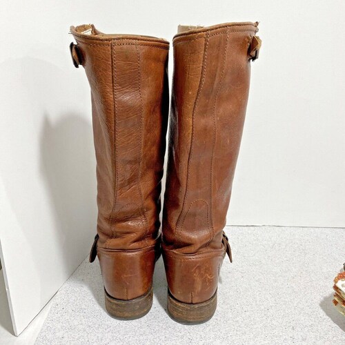 25% shops OFF Vintage Frye brown saddle leather knee high boots, Retro biker barn cargo thick sole boots, Boots with brass buckles, Ladies US 7M b