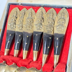 Thailandsk mässings- och teakskedsset cocktail espresso te demitasse ask set om 6