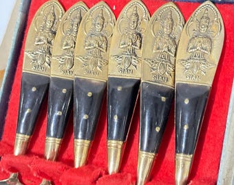 Juego de 6 cucharas de teca y latón de Tailandia para cóctel, espresso, té, café, etc.