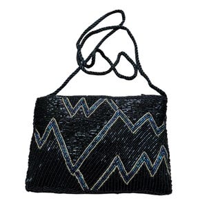Vintage 1980’s black & blue beaded evening bag flapper prom purse dressy mod geometric