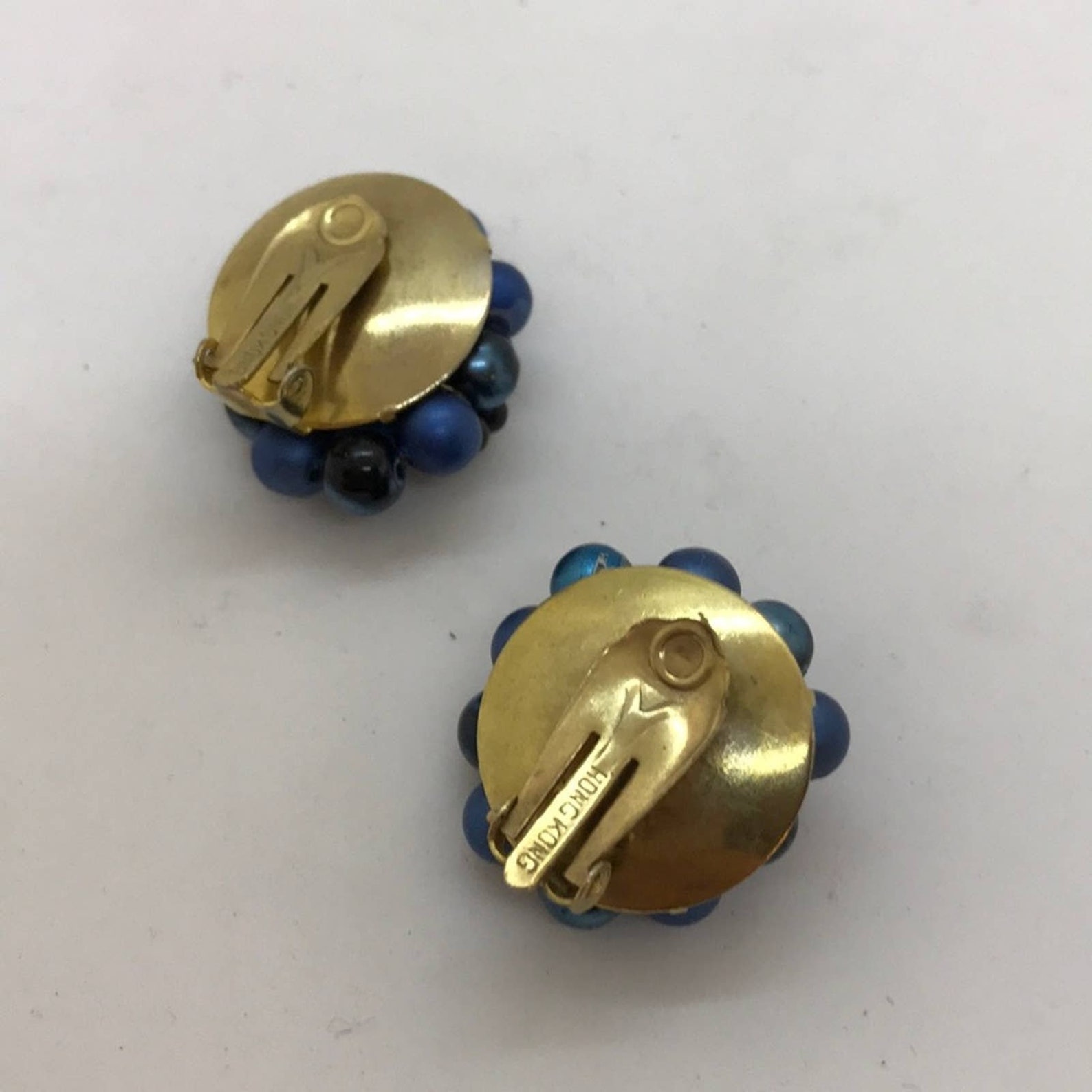 Vintage blue clip on earrings Carved beads clusters earrings Etsy