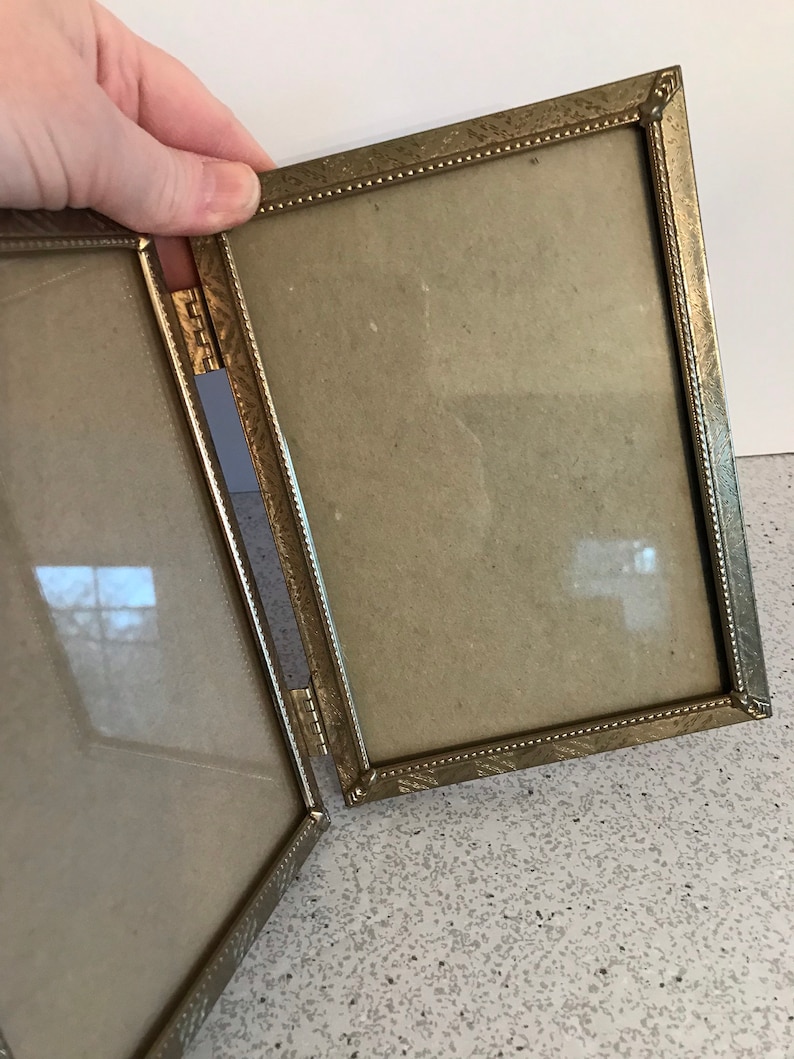 Mid Century Home ON SALE TODAY Vintage Gold Metal Standing Frame Hinged Book Style Textured Embossed Finish Double Picture Photo Holder