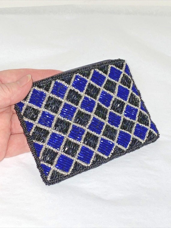 Beaded coin purse brilliant royal blue & black be… - image 4