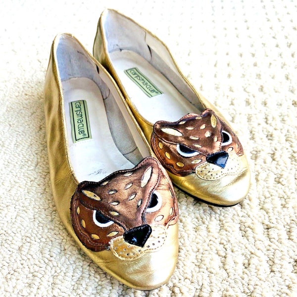 Carysma Club Shoes, Unique Novelty Tiger Motif Leather Flats, Golden  Metallic Unique Slip On Shoes, Ladies US 8M, Casual Party Shoes