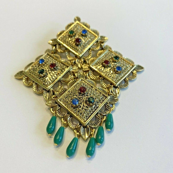 Vintage Sarah Coventry Moghul Temple Lights Brooch, Gold tone & colorful rhinestones, Statement jewelry, Collectible designer pin