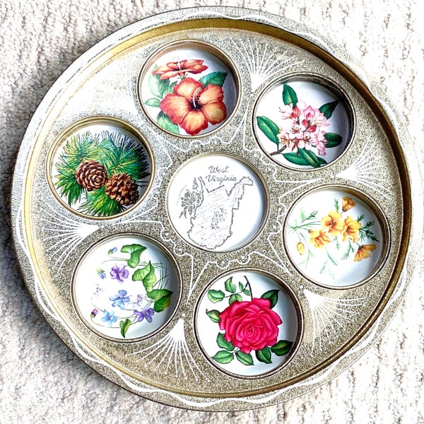 West Virginia Souvenir Serving Tray, Round Metal Drinks Carrier, Tin Tray with WV State Flowers, Tourist Collectible