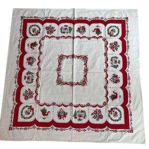 Nappe vintage pour fêtes de Noël en coton blanc, bordure rouge et verte de poinsettias de houx