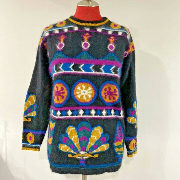 Retro Rafaella Angora Blend Sweater Chunky Black & Multicolor Geometric S/Petite