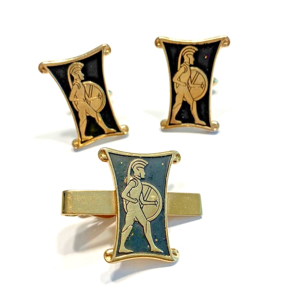 Vintage Swank Cufflinks & Tie Bar Set, Mid Century Mens Jewelry in Goldtone and Black, Classic Warrior Roman Soldier Centurion Motif