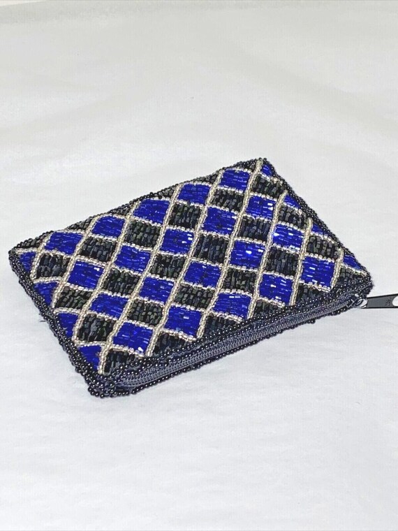Beaded coin purse brilliant royal blue & black be… - image 2
