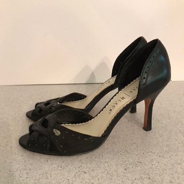 Vintage White House Black Market Shoes, High Heel Black Leather Open Toe Pumps, D'Orsay Style with Cut Outs, Dressy US Size 8 M Shoes