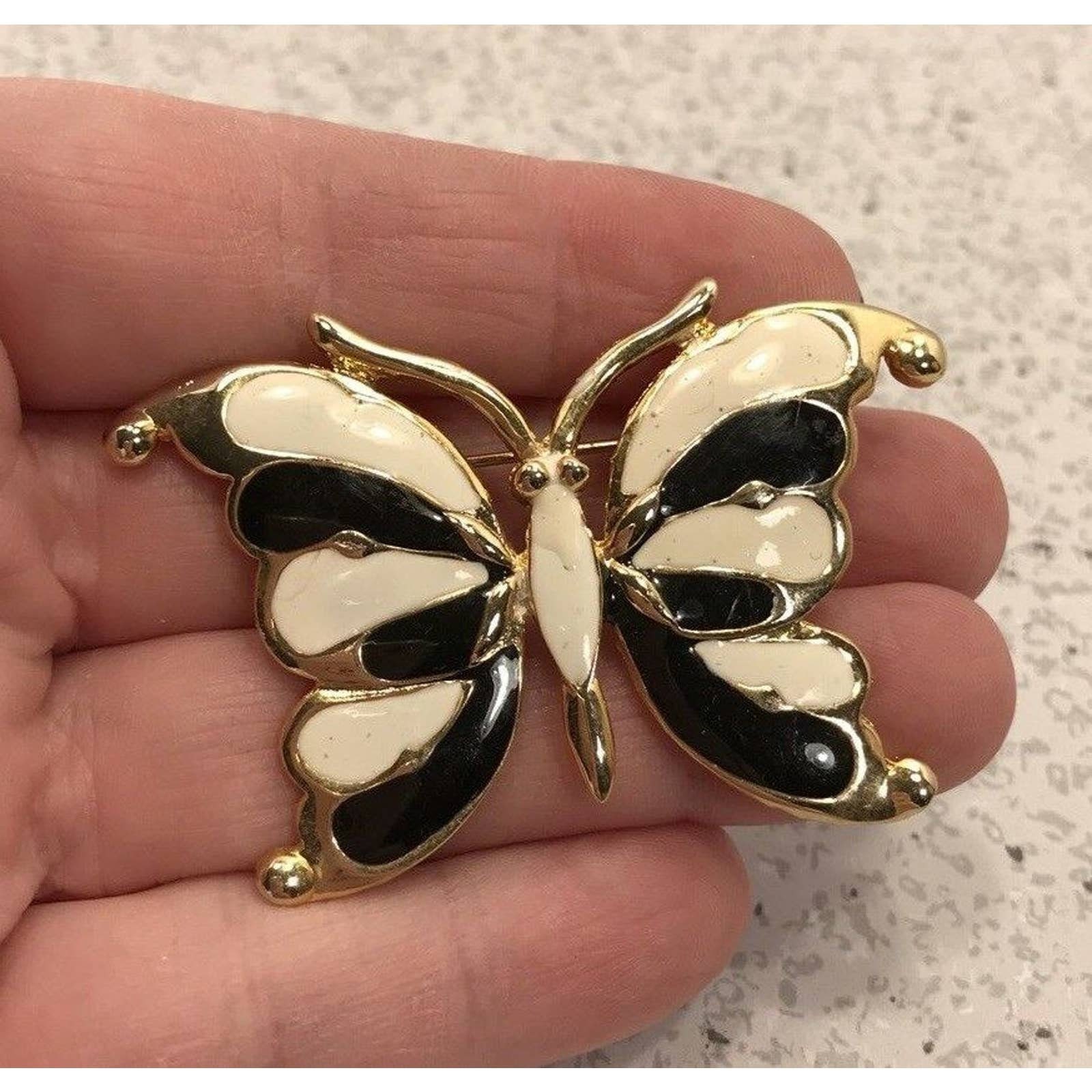Vintage Butterfly Brooch Gold Tone Black and Ivory Enamel Etsy
