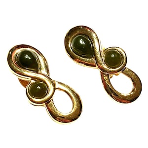 Vintage Givenchy Clip On Earrings: Goldtone & Green Stone, 1980s Designer Jewelry