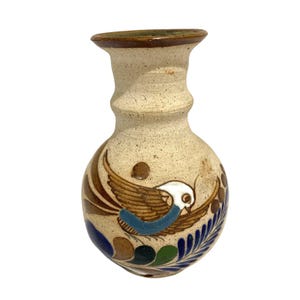 Mexikanische Keramik Vase Tonala Steinzeug Vogelfeder Motiv braun Kobalt mexikanische Keramik signiert