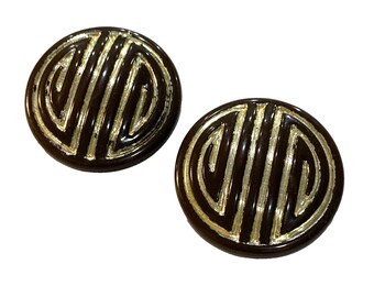 Vintage Shoe Clips, Stylish Art Deco Shoe Accessory, Brown Plastic Rounds with Goldtone Geometric Greek Key Designs, Collectible Giftable