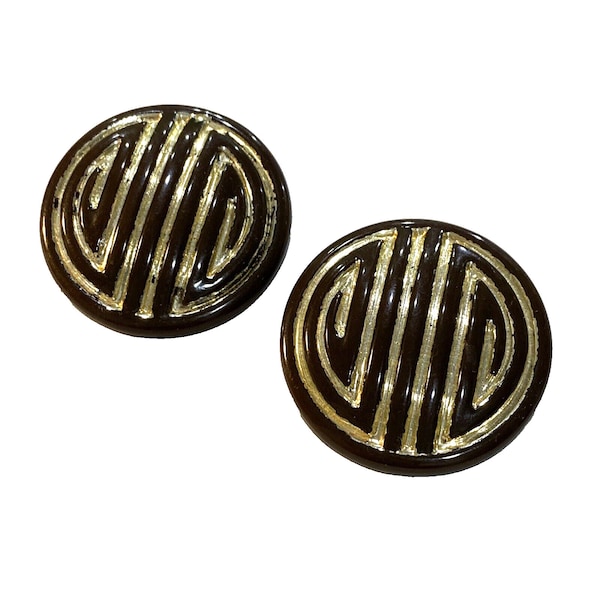 Vintage Shoe Clips, Stylish Art Deco Shoe Accessory, Brown Plastic Rounds with Goldtone Geometric Greek Key Designs, Collectible Giftable