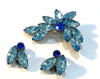 Conjunto de joyas de pedrería azul vintage, broche de mediados de siglo y clip en pendientes, elegante regalo de joyería para mujer