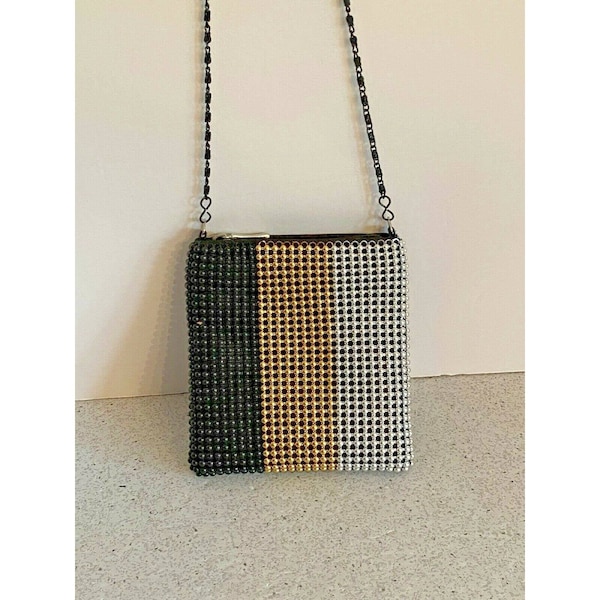 Vintage Beaded Evening Bag Black Silver & Gold Metallic, Retro Mesh Shoulder Bag, Mod Chic Disco Look, Purse for Prom Events Wedding