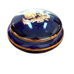 Vintage Limoges France porcelain trinket box cobalt blue & romantic gold design