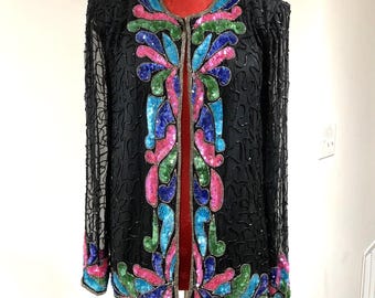 Vintage Beaded Cocktail Jacket Silky Nites by Cherish black beads & multi sequin