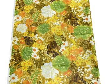 Vintage 1970's Fabric Remnant, Decorator Textile to Repurpose Craft Sew, Mod Flower Floral Print in Olive Greens Browns & Golds